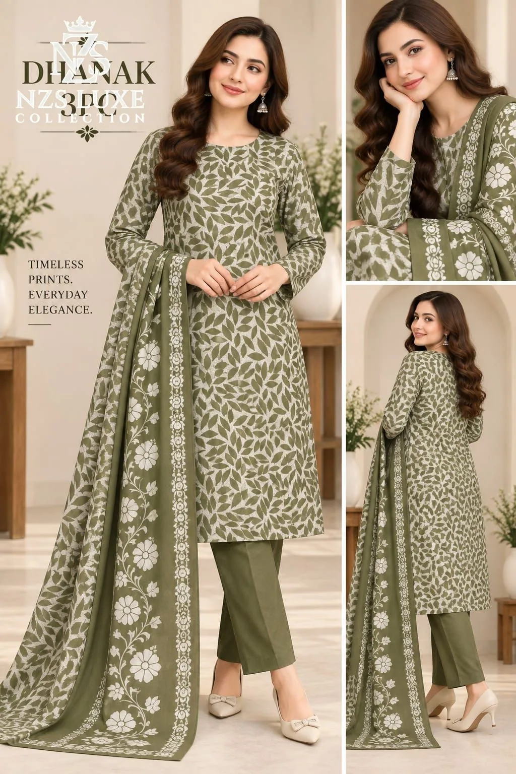 Dhanak Printed Sage Green Lawn 3-Piece unstitched Suit - image 1