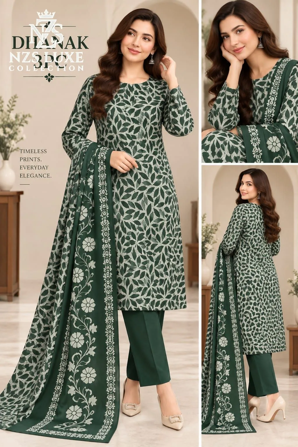 Dhanak Printed Sage Green Lawn 3-Piece unstitched Suit - image 3