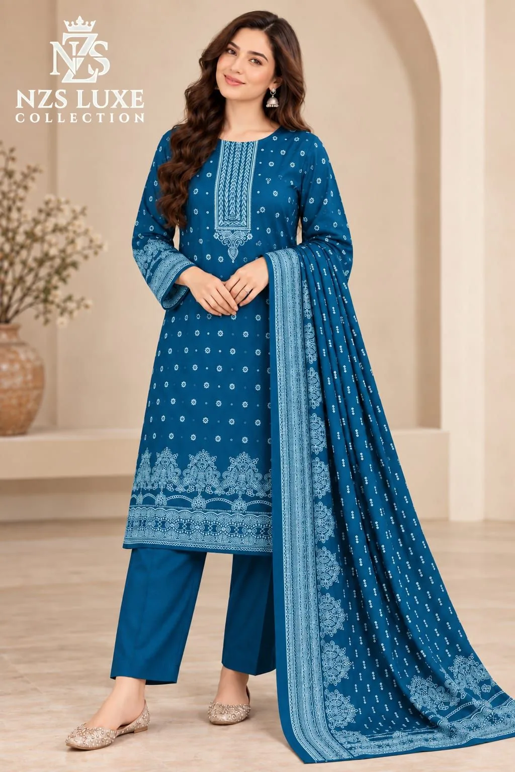 Dhanak Teal Embroidered 3-Piece unStitched Suit - image 1