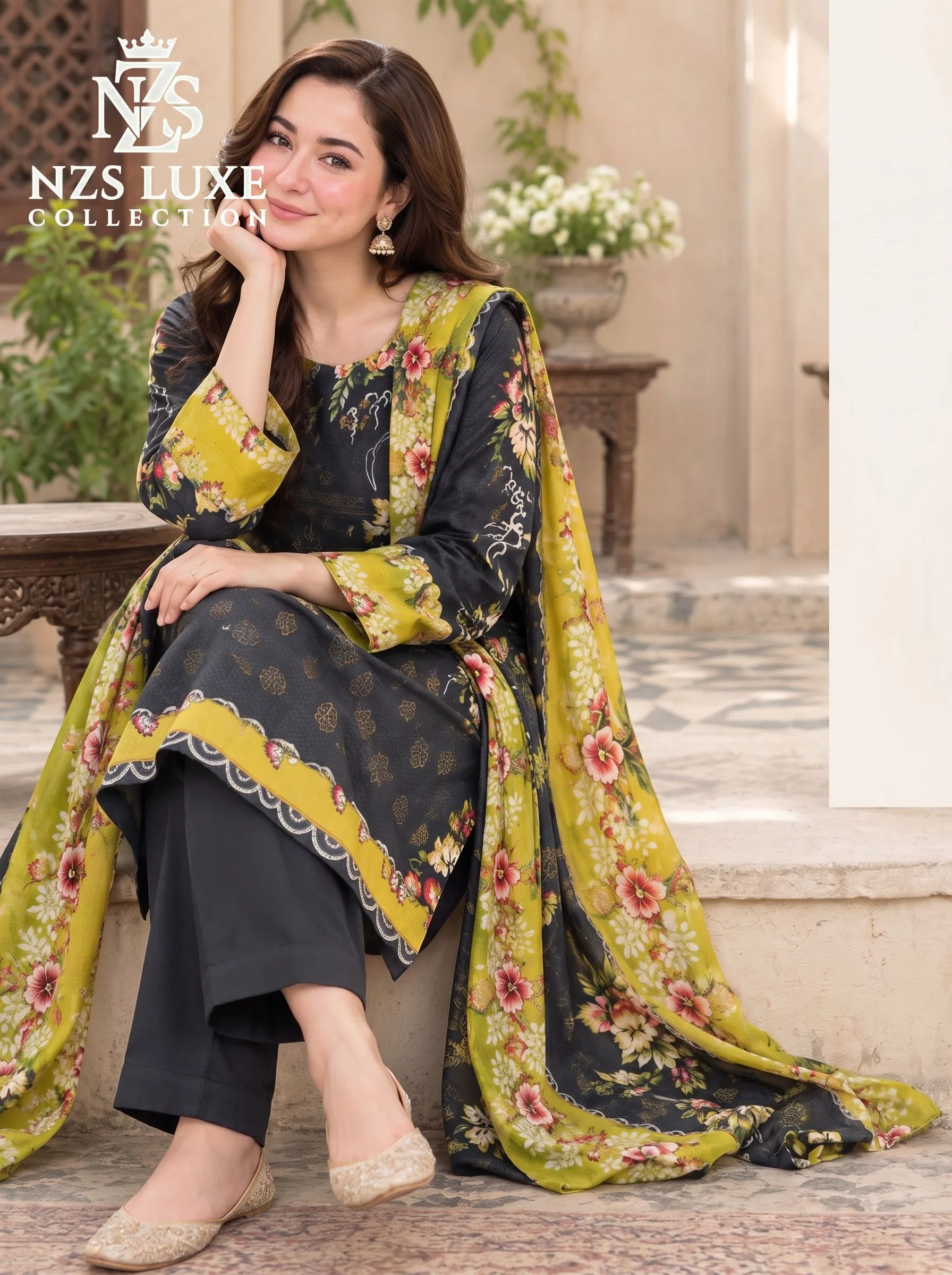 Printed Dhanak Floral 3-Piece unStitched Suit in Black Lime - image 1