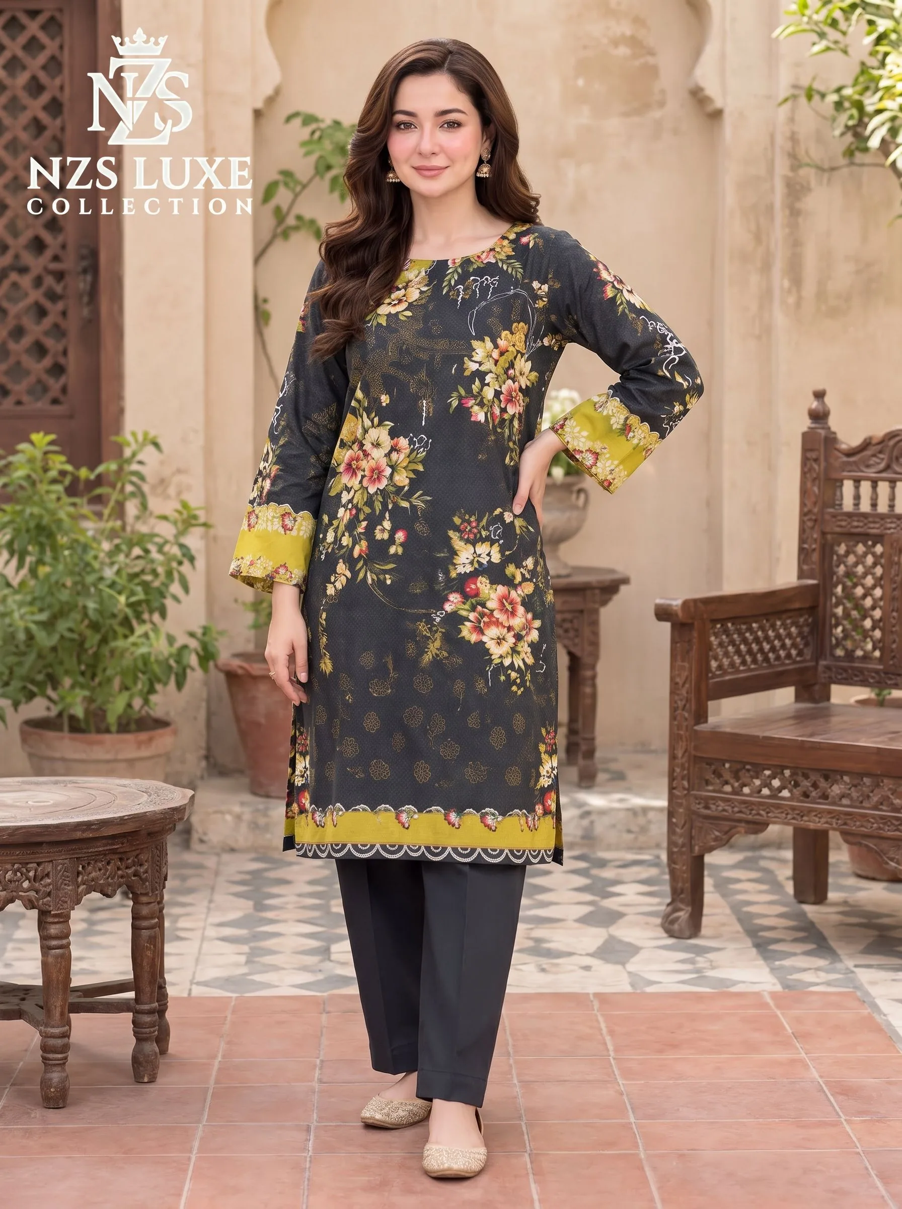 Printed Dhanak Floral 3-Piece unStitched Suit in Black Lime - image 2