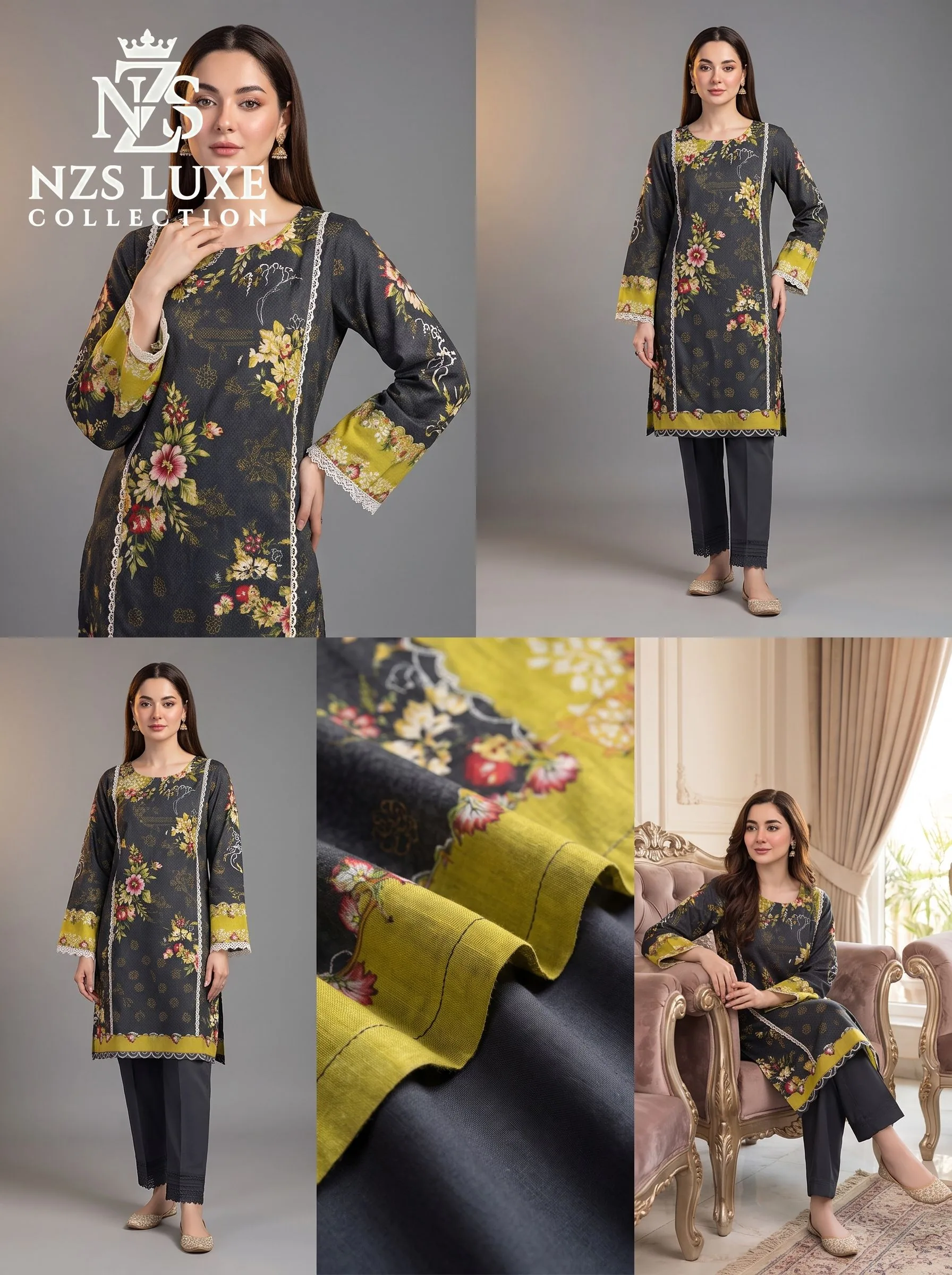 Printed Dhanak Floral 3-Piece unStitched Suit in Black Lime - image 3