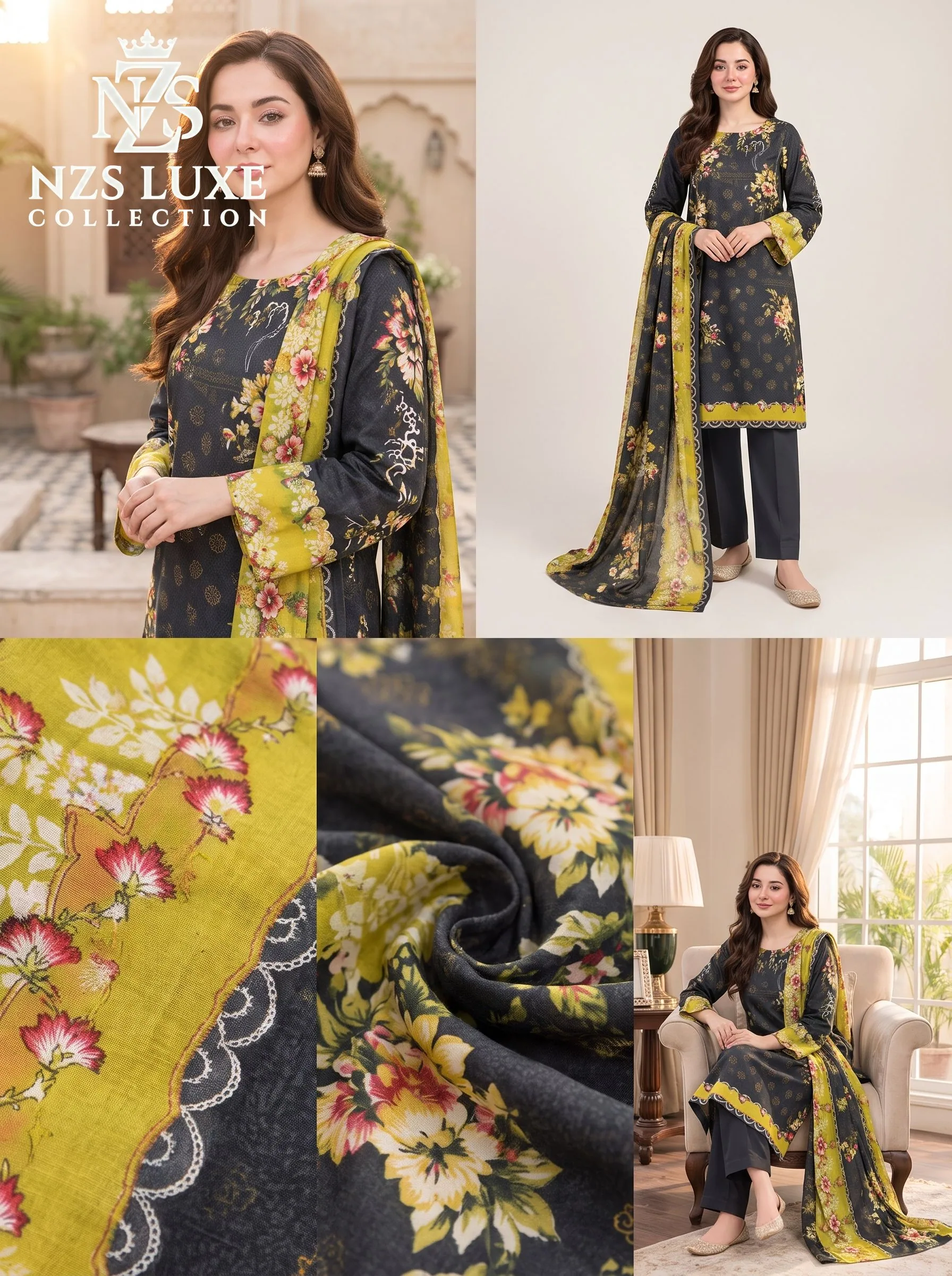 Printed Dhanak Floral 3-Piece unStitched Suit in Black Lime - image 4