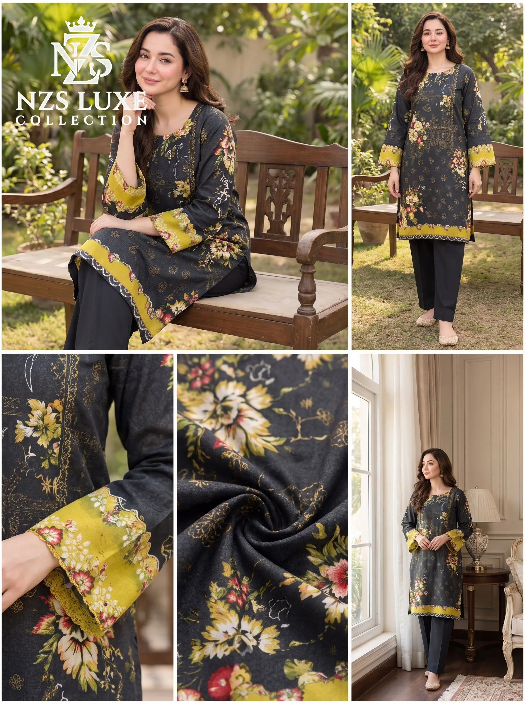 Printed Dhanak Floral 3-Piece unStitched Suit in Black Lime - image 5