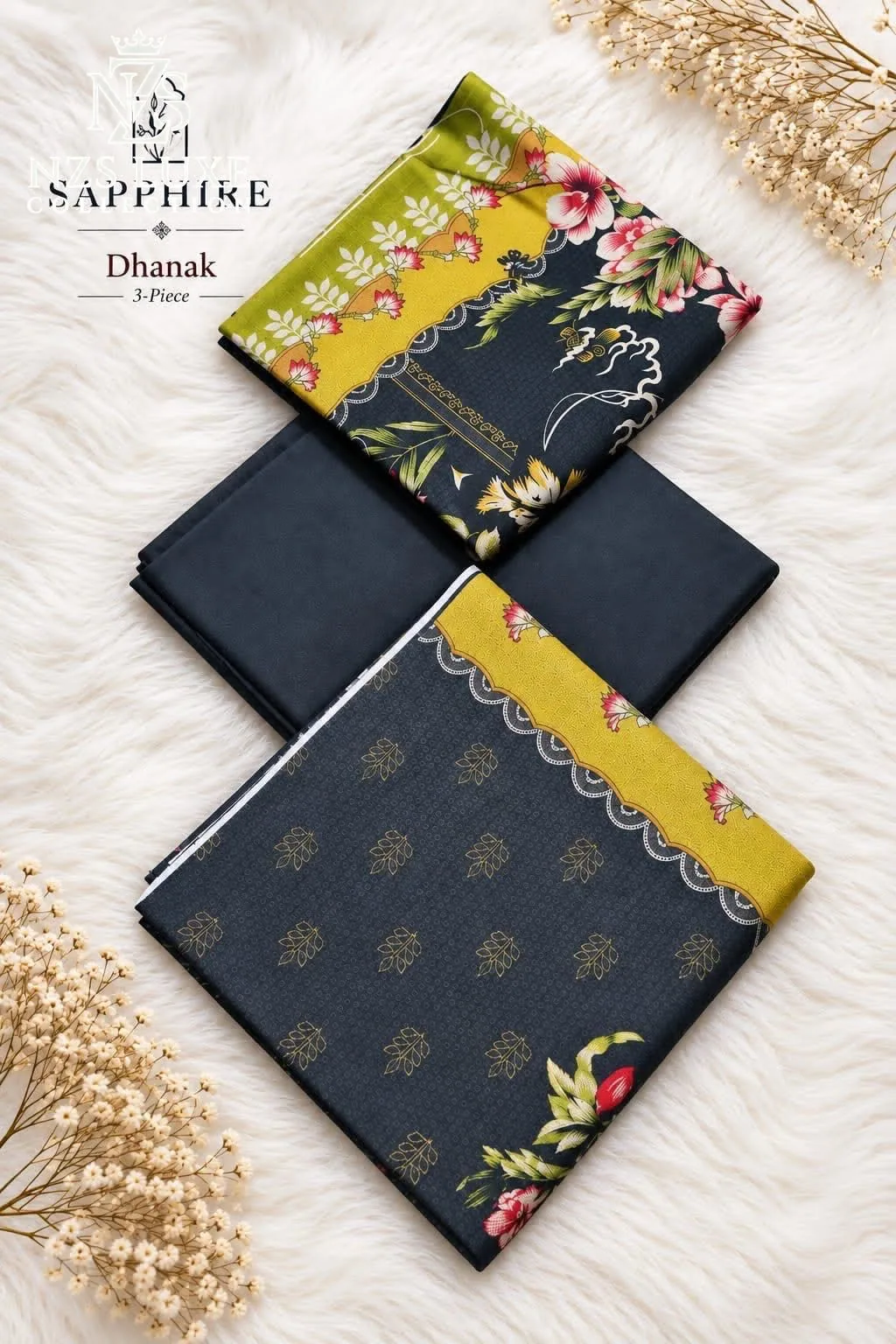 Printed Dhanak Floral 3-Piece unStitched Suit in Black Lime - image 6