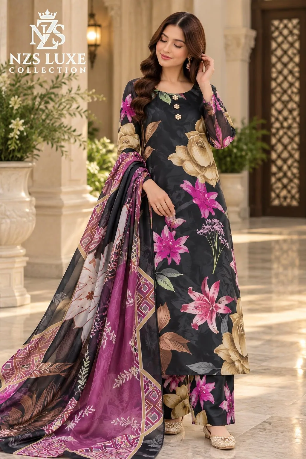 Digital Printed Shamooz Silk 3-Piece unStitched Suit - image 1