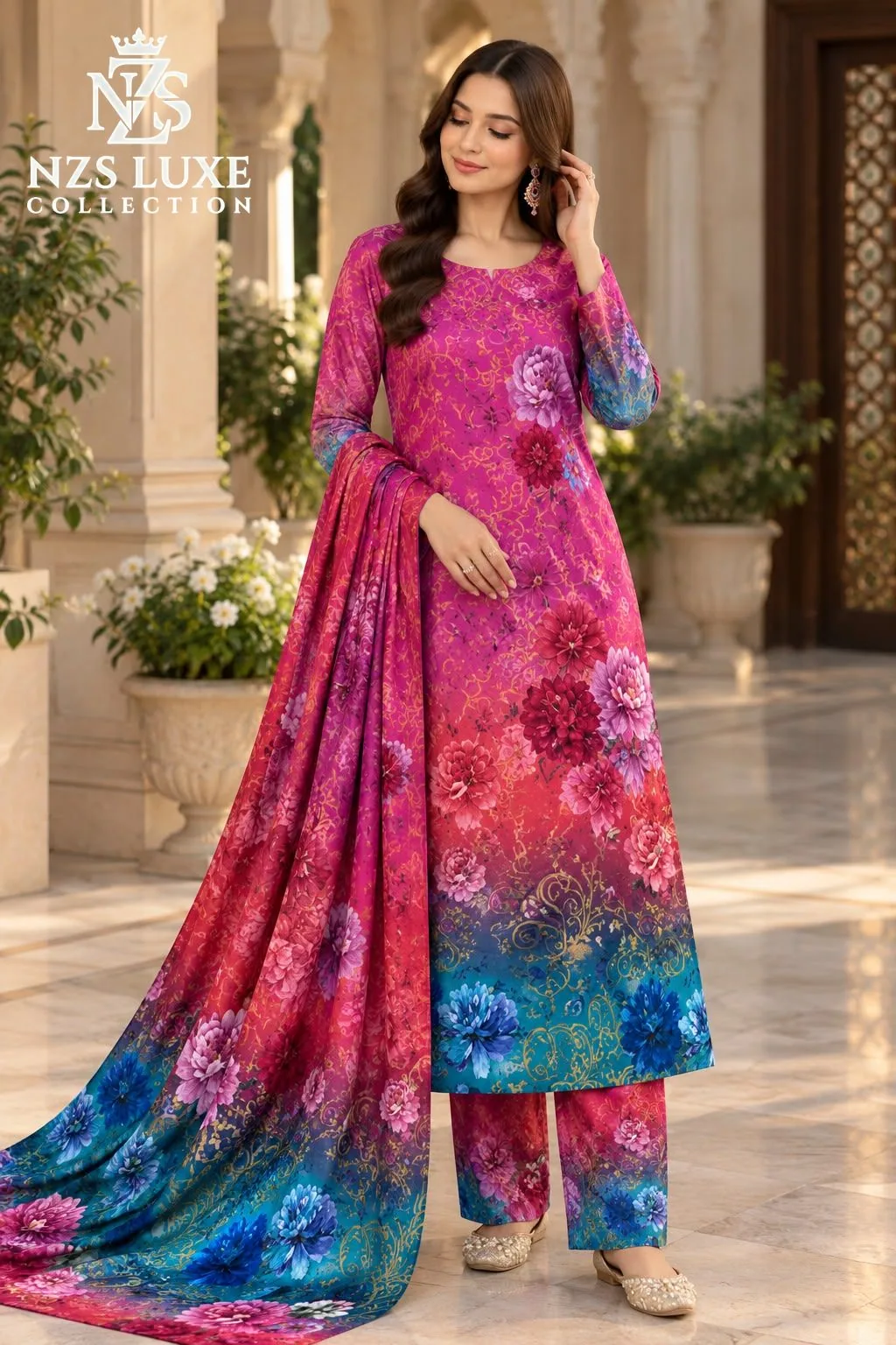 Digital Printed Shamooz Silk 3-Piece unStitched Suit - image 3