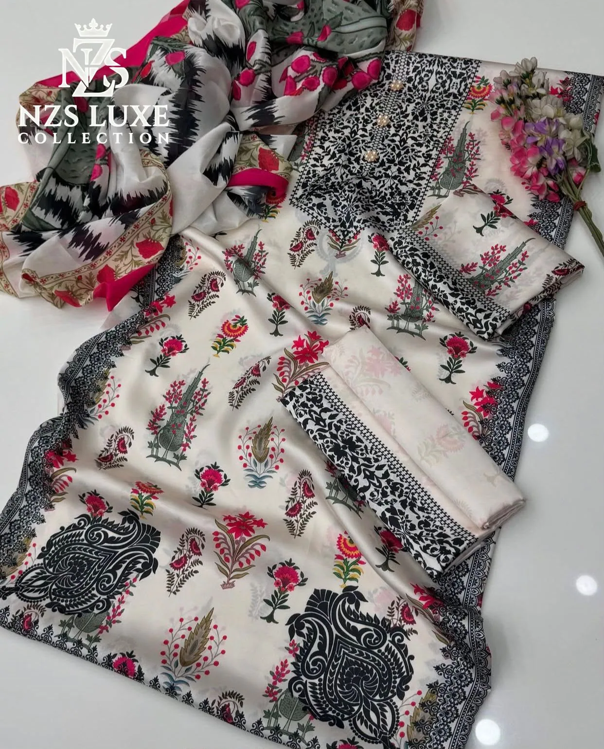 Digital Printed Shamooz Silk 3-Piece unStitched Suit - image 6