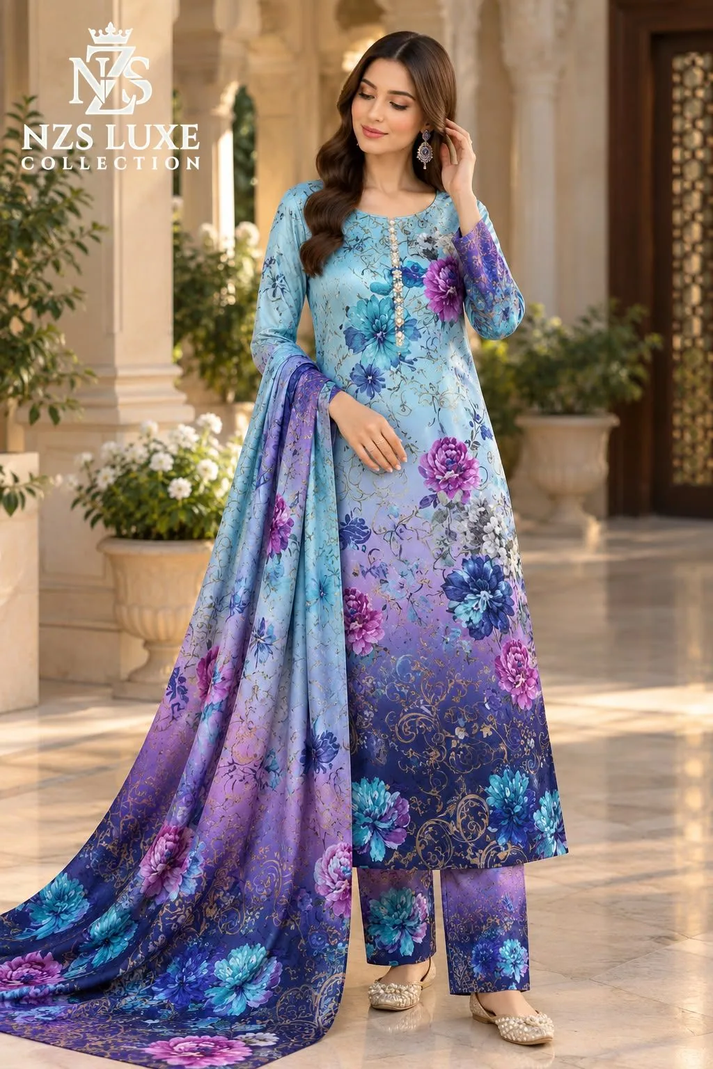 Digital Printed Shamooz Silk 3-Piece unStitched Suit - image 5