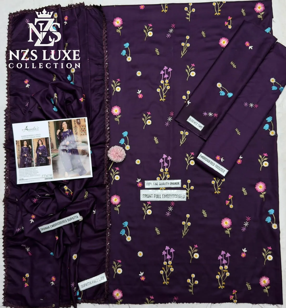 Aneelas 2740 Dhanak Embroidered 3-Piece unStitched Suit - image 3