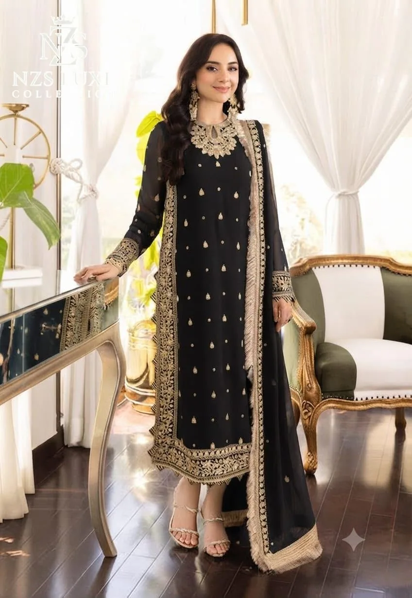 Embroidered Chiffon 3-Piece unStitched Suit with Sequence Work - image 1