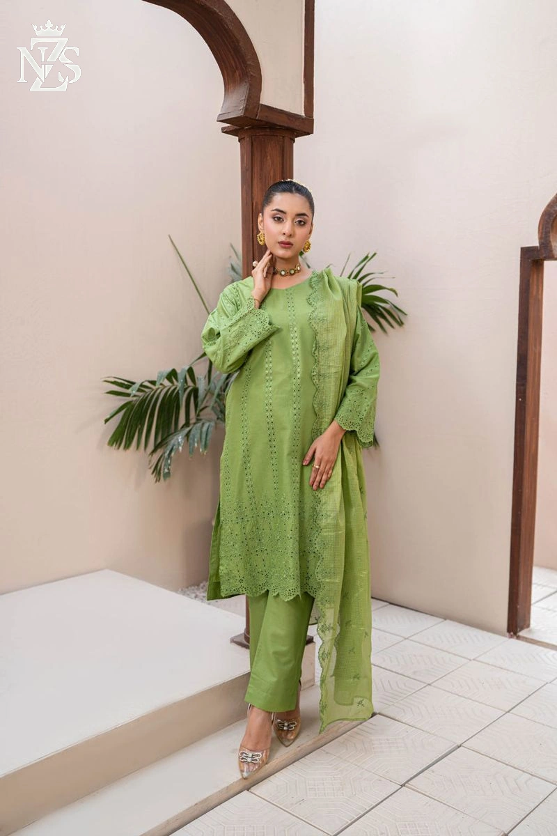 NZS LUXE Schiffli Embroidered Lawn 3-Piece Stitched Suit in Pistachio green - image 1