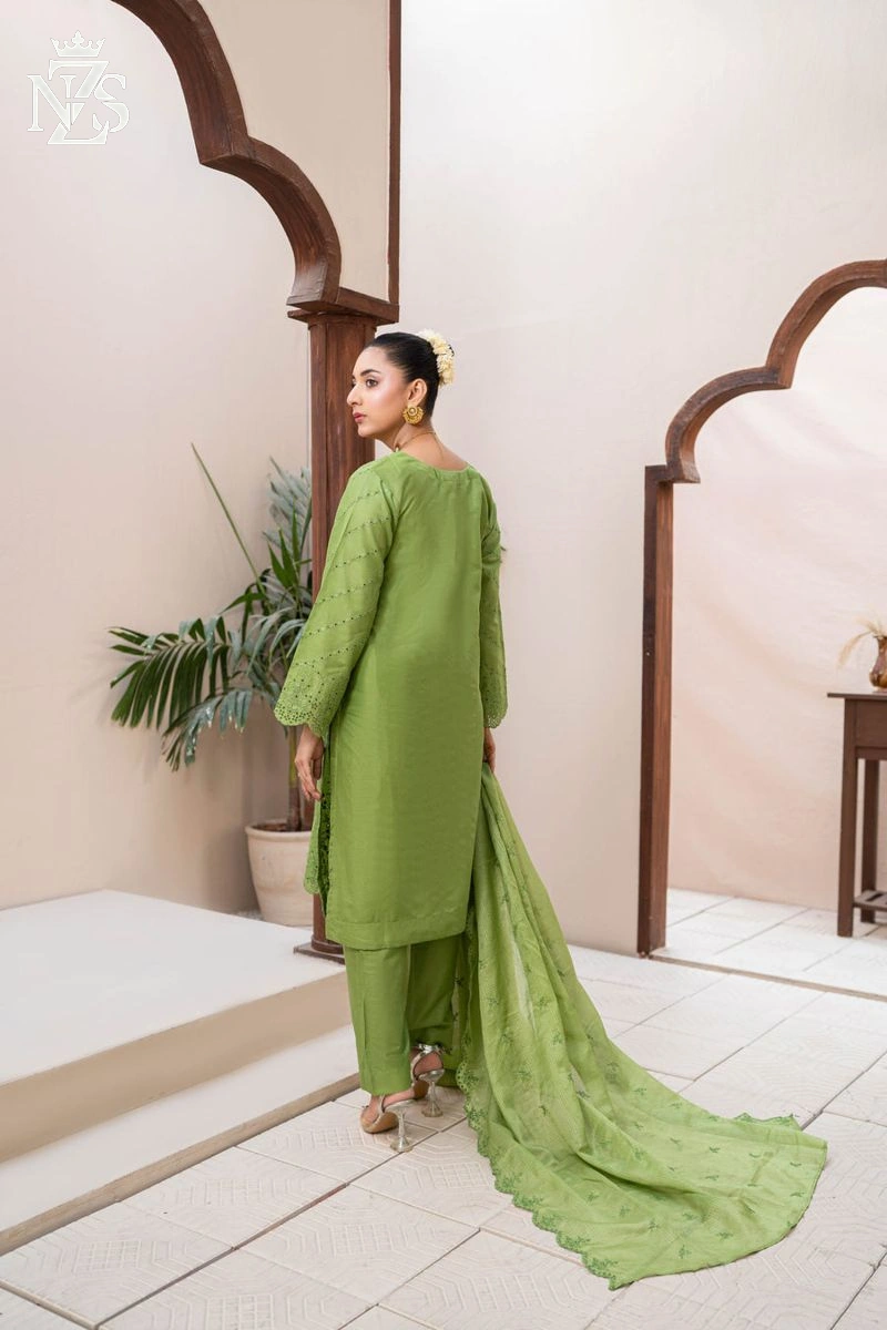 NZS LUXE Schiffli Embroidered Lawn 3-Piece Stitched Suit in Pistachio green - image 2