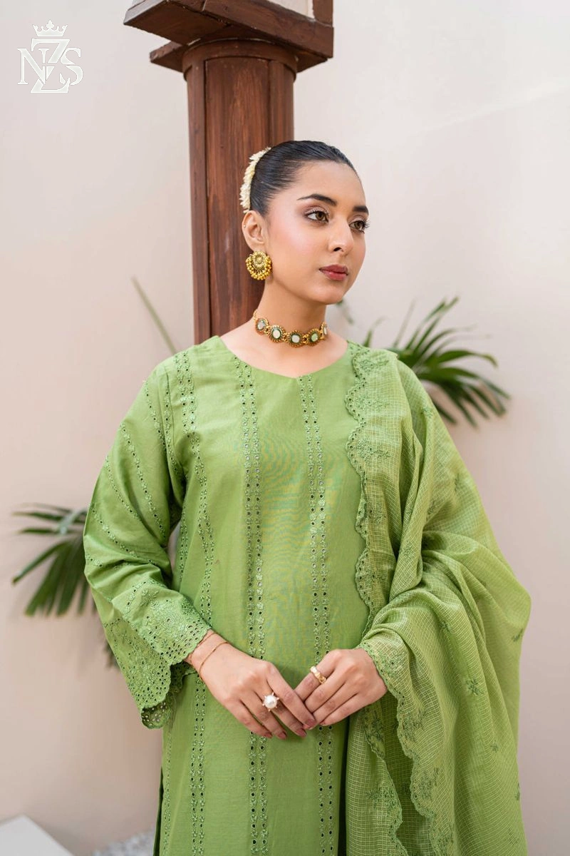 NZS LUXE Schiffli Embroidered Lawn 3-Piece Stitched Suit in Pistachio green - image 3