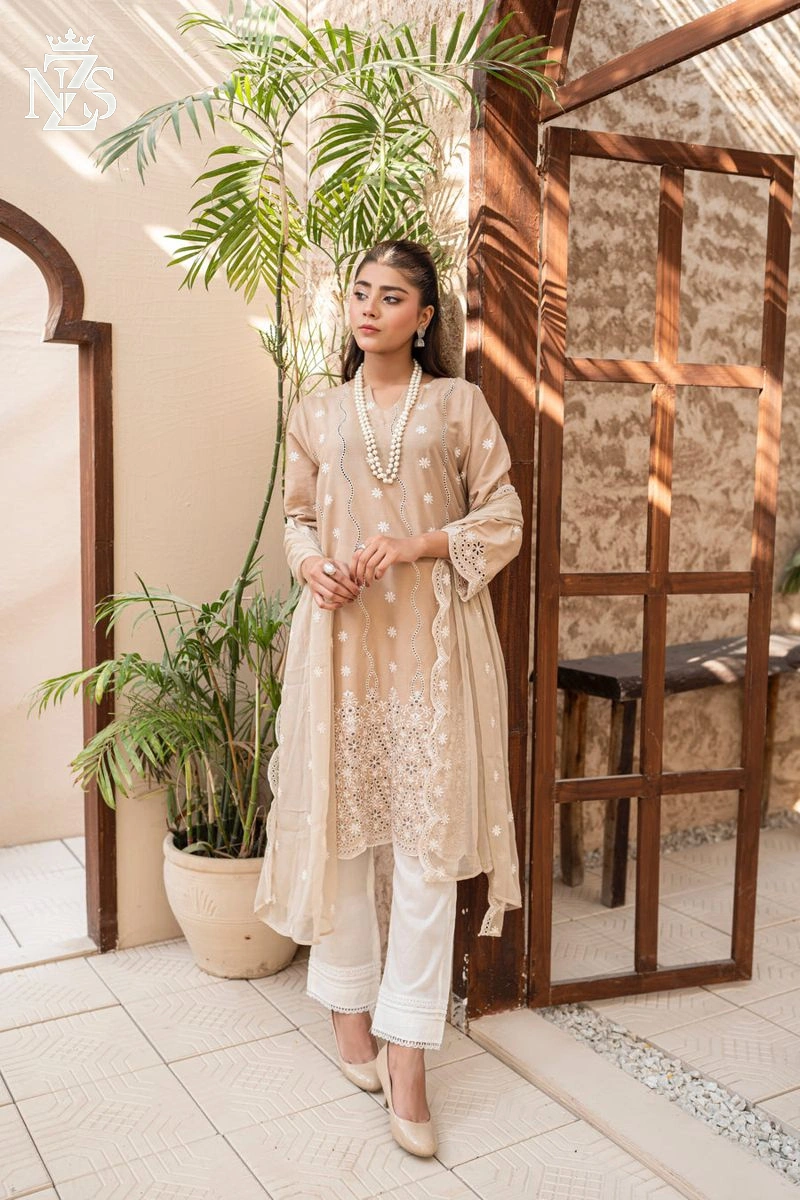 NZS LUXE Schiffli Embroidered Lawn 3-Piece Stitched Suit in Beige - image 1