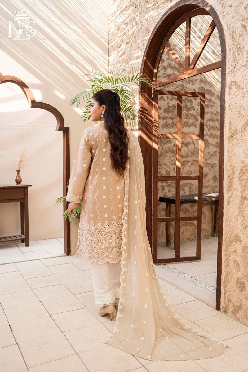 NZS LUXE Schiffli Embroidered Lawn 3-Piece Stitched Suit in Beige - image 2