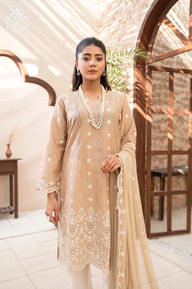 NZS LUXE Schiffli Embroidered Lawn 3-Piece Stitched Suit in Beige - image 3