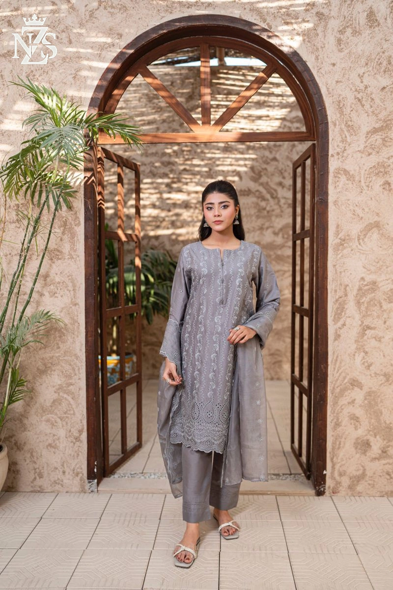 NZS LUXE Schiffli Embroidered Lawn 3-Piece Stitched Suit in Grey - image 1
