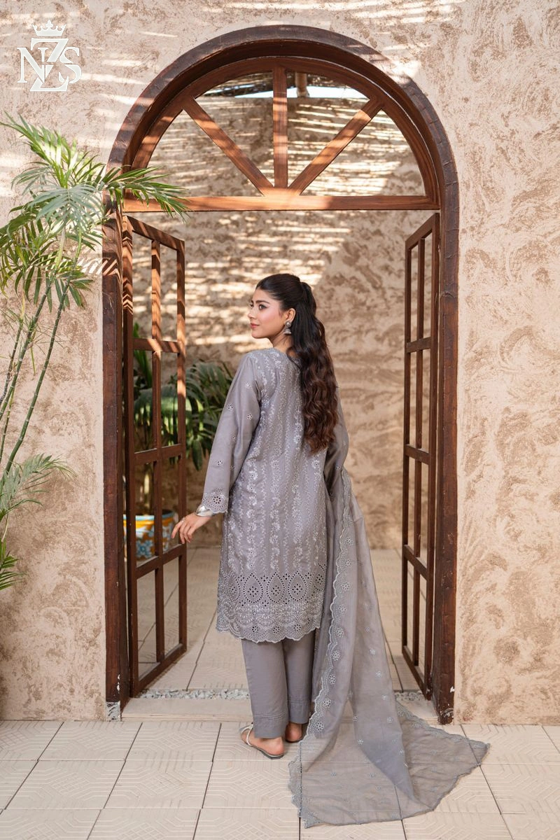 NZS LUXE Schiffli Embroidered Lawn 3-Piece Stitched Suit in Grey - image 2