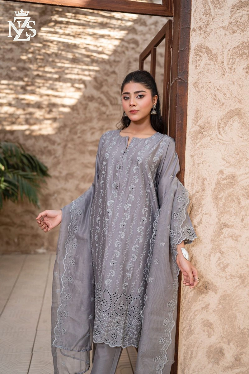 NZS LUXE Schiffli Embroidered Lawn 3-Piece Stitched Suit in Grey - image 3