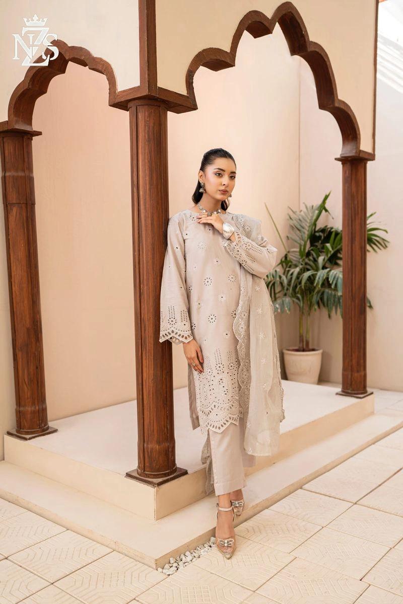 NZS LUXE Schiffli Embroidered Lawn 3-Piece Stitched Suit in Light grey - image 1