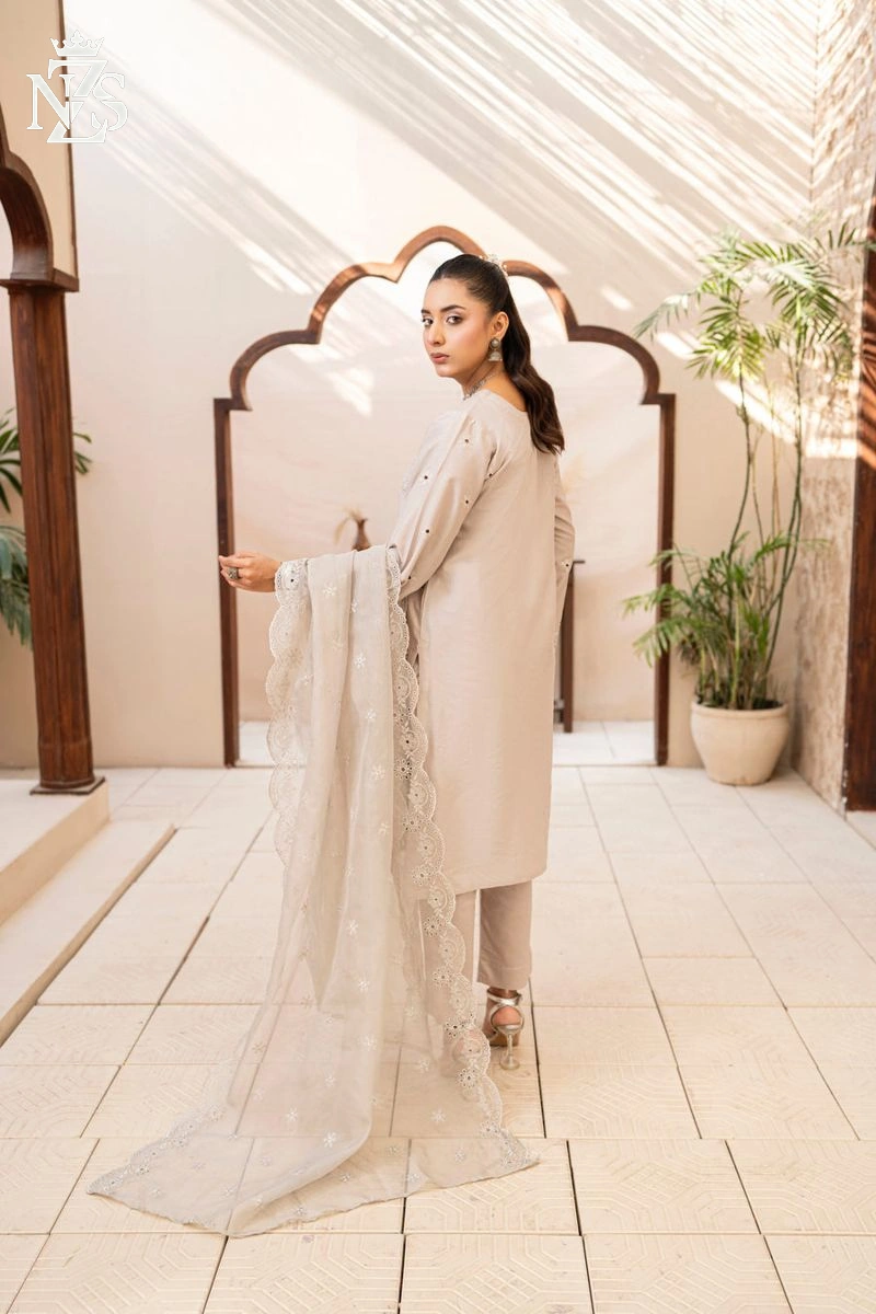 NZS LUXE Schiffli Embroidered Lawn 3-Piece Stitched Suit in Light grey - image 2