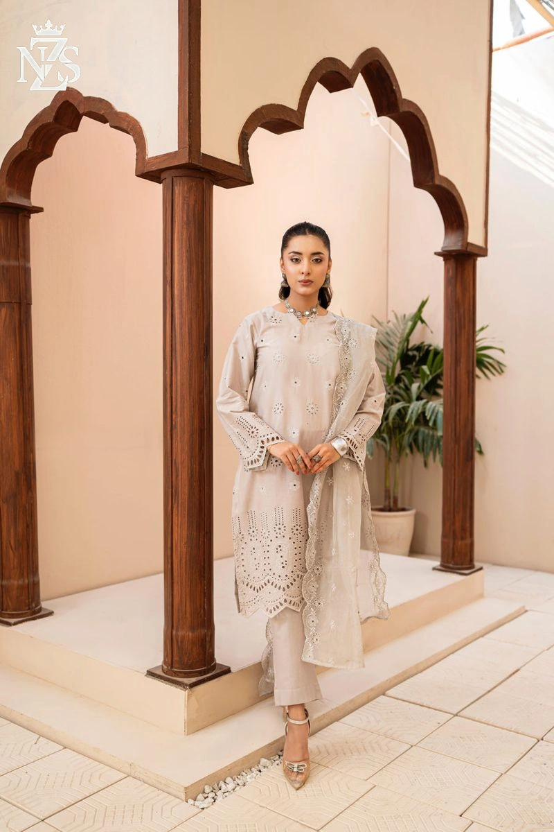 NZS LUXE Schiffli Embroidered Lawn 3-Piece Stitched Suit in Light grey - image 3
