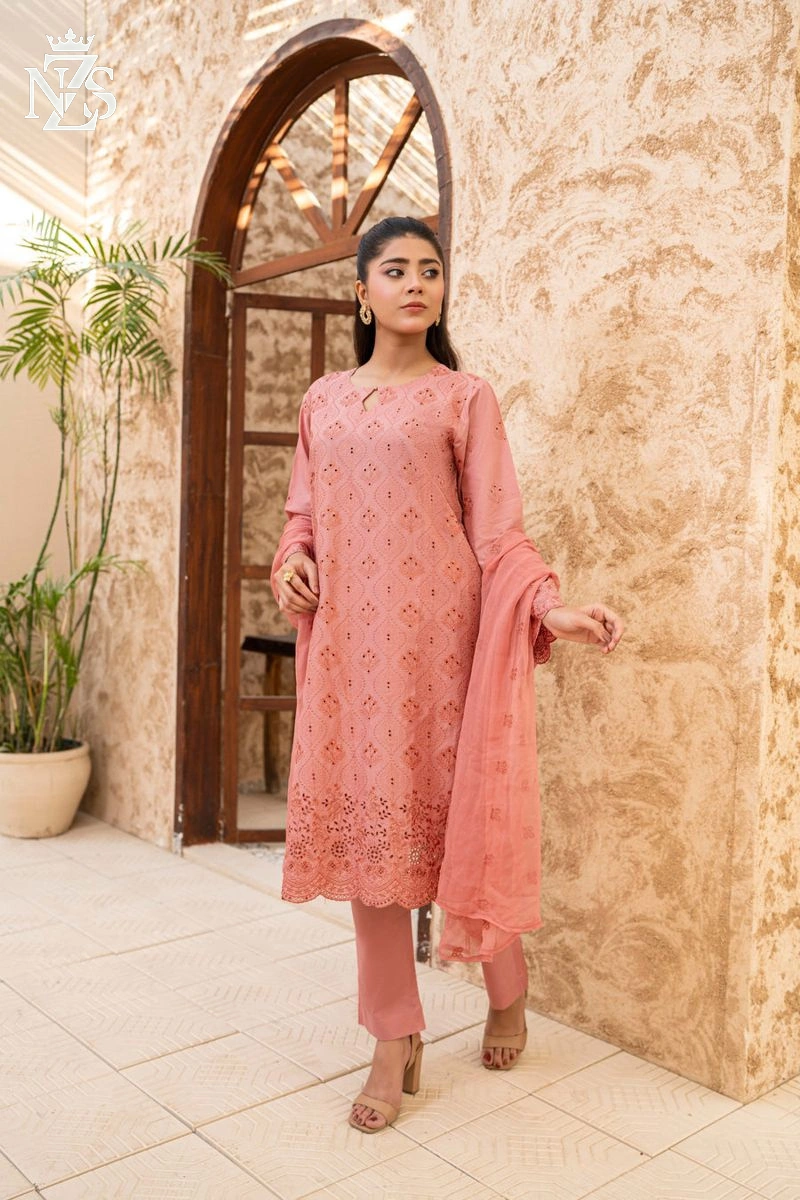 NZS LUXE Schiffli Embroidered Lawn 3-Piece Stitched Suit in Dusty rose - image 1