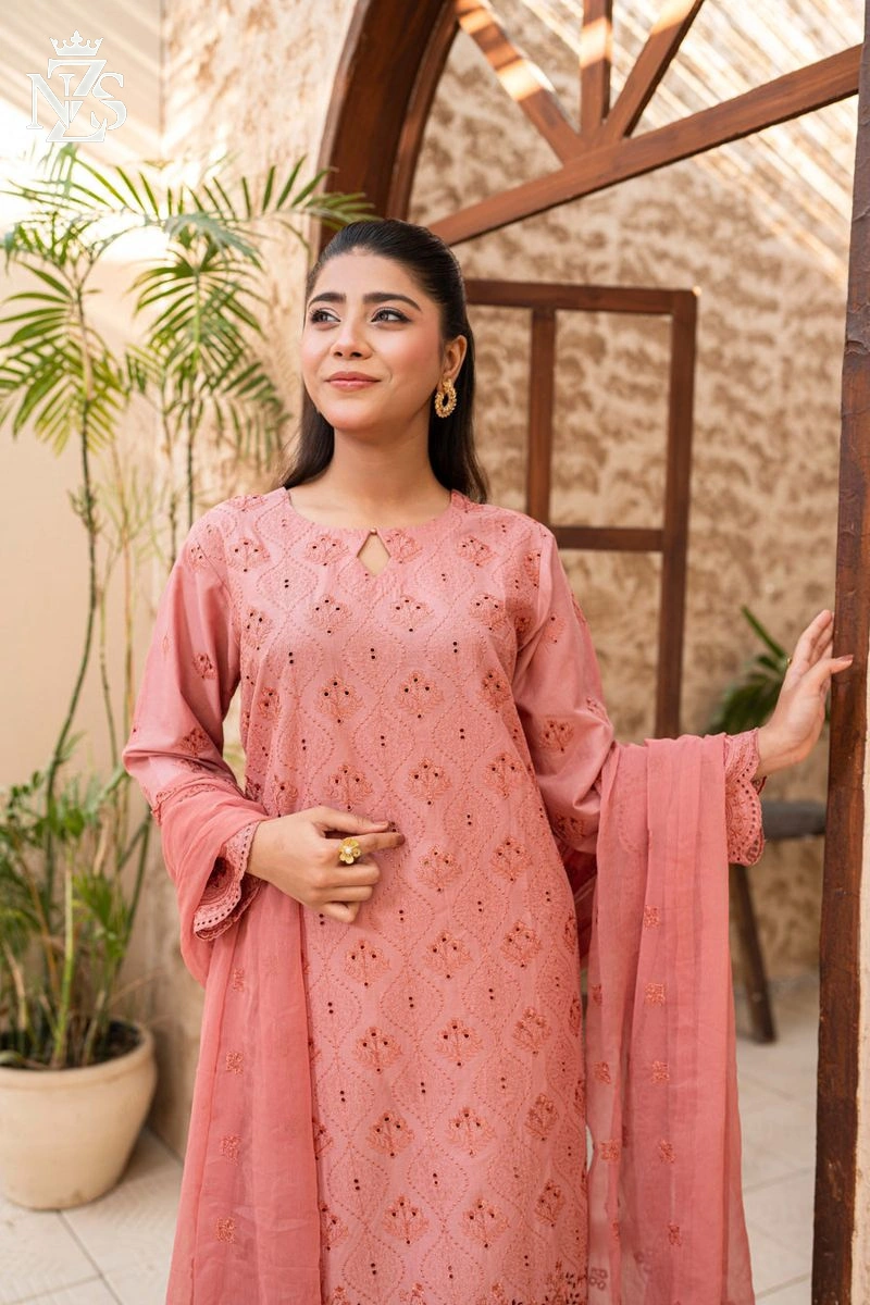 NZS LUXE Schiffli Embroidered Lawn 3-Piece Stitched Suit in Dusty rose - image 2