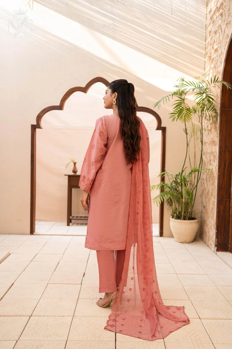 NZS LUXE Schiffli Embroidered Lawn 3-Piece Stitched Suit in Dusty rose - image 3