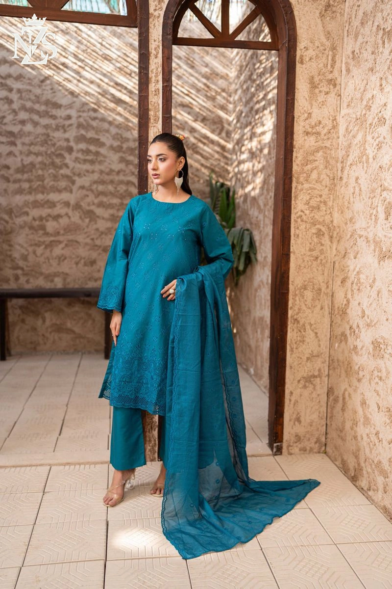NZS LUXE Schiffli Embroidered Lawn 3-Piece Stitched Suit in Teal blue - image 1