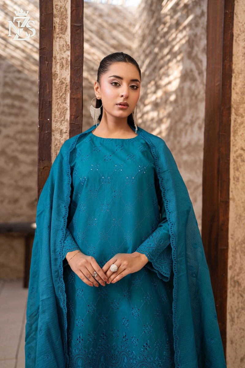 NZS LUXE Schiffli Embroidered Lawn 3-Piece Stitched Suit in Teal blue - image 2