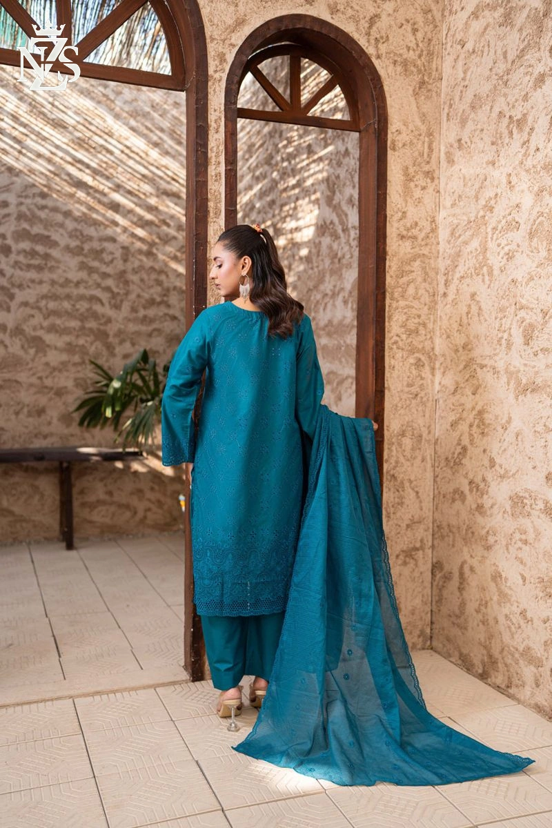 NZS LUXE Schiffli Embroidered Lawn 3-Piece Stitched Suit in Teal blue - image 3