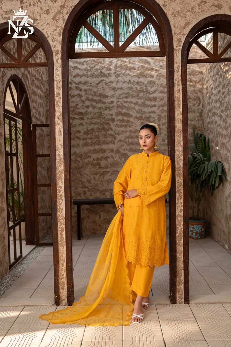 NZS LUXE Schiffli Embroidered Lawn 3-Piece Stitched Suit in Mustard - image 1