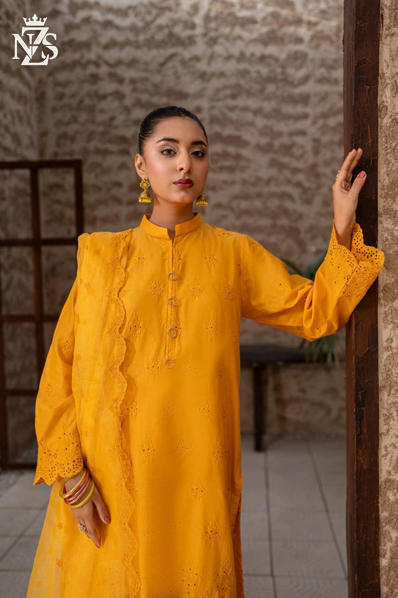 NZS LUXE Schiffli Embroidered Lawn 3-Piece Stitched Suit in Mustard - image 2