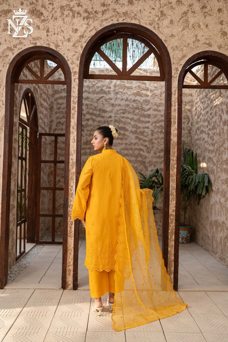 NZS LUXE Schiffli Embroidered Lawn 3-Piece Stitched Suit in Mustard - image 3