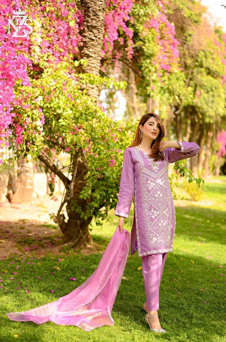 NZS LUXE Embroidered Cotton 3-Piece Stitched Suit in Lilac - image 1