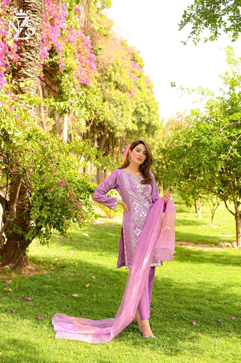 NZS LUXE Embroidered Cotton 3-Piece Stitched Suit in Lilac - image 2