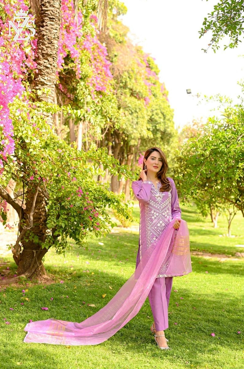 NZS LUXE Embroidered Cotton 3-Piece Stitched Suit in Lilac - image 3
