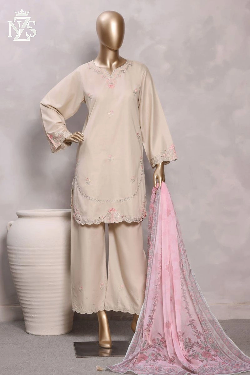 NZS LUXE Embroidered Lawn 3-Piece Stitched Suit in Ivory with pink - image 1