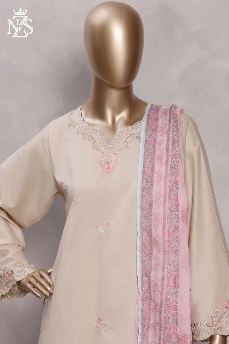 NZS LUXE Embroidered Lawn 3-Piece Stitched Suit in Ivory with pink - image 2
