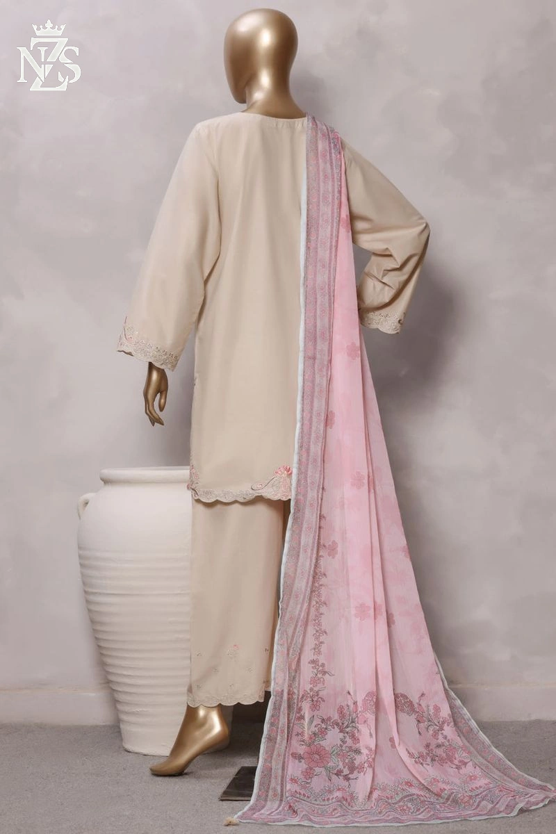 NZS LUXE Embroidered Lawn 3-Piece Stitched Suit in Ivory with pink - image 3