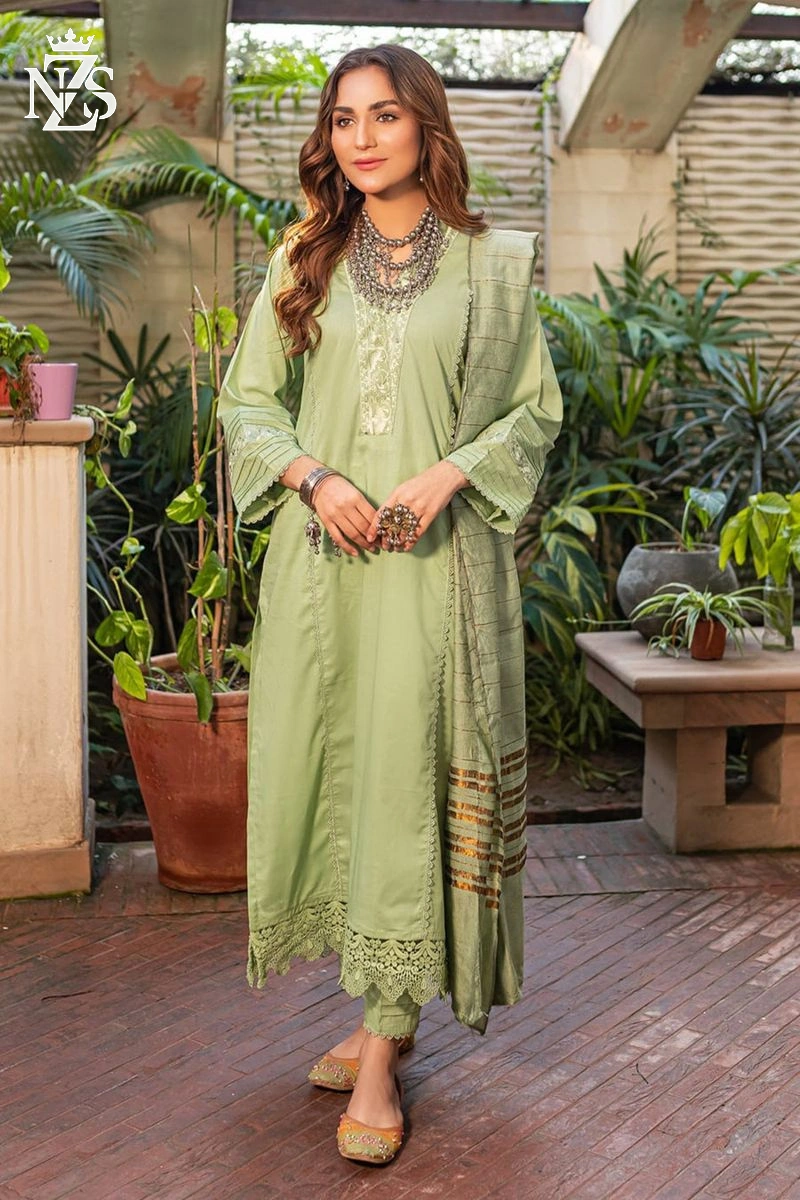 NZS LUXE Embroidered Cotton 3-Piece Stitched Suit in Mint - image 1