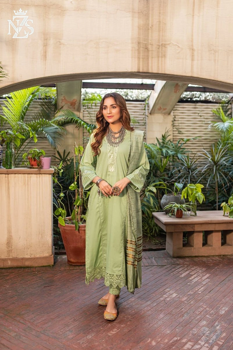 NZS LUXE Embroidered Cotton 3-Piece Stitched Suit in Mint - image 2