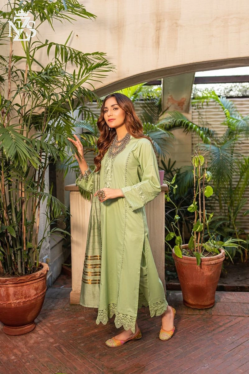 NZS LUXE Embroidered Cotton 3-Piece Stitched Suit in Mint - image 3