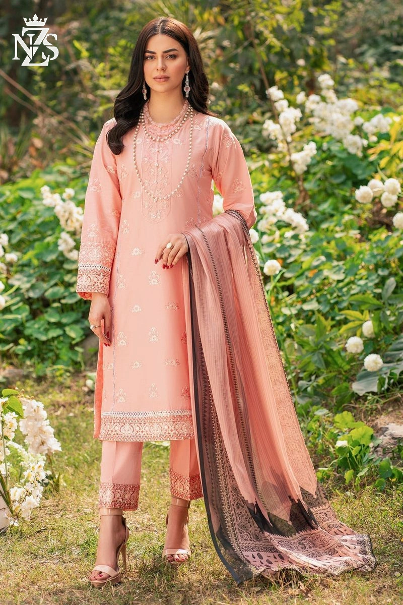 NZS LUXE Embroidered Lawn 3-Piece Stitched Suit in Peach - image 1