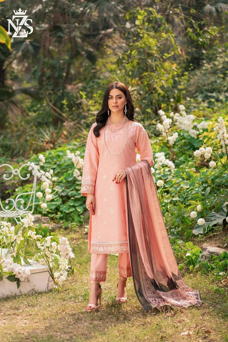 NZS LUXE Embroidered Lawn 3-Piece Stitched Suit in Peach - image 2