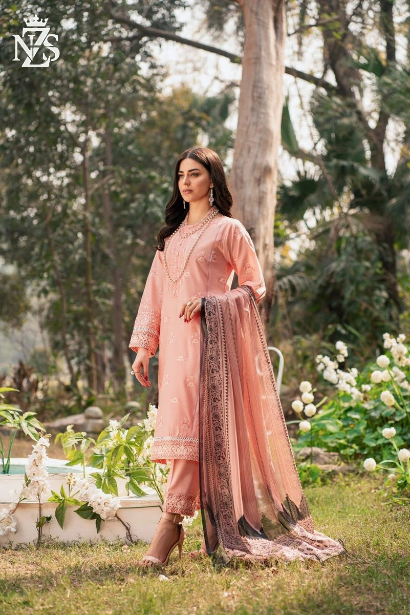 NZS LUXE Embroidered Lawn 3-Piece Stitched Suit in Peach - image 3