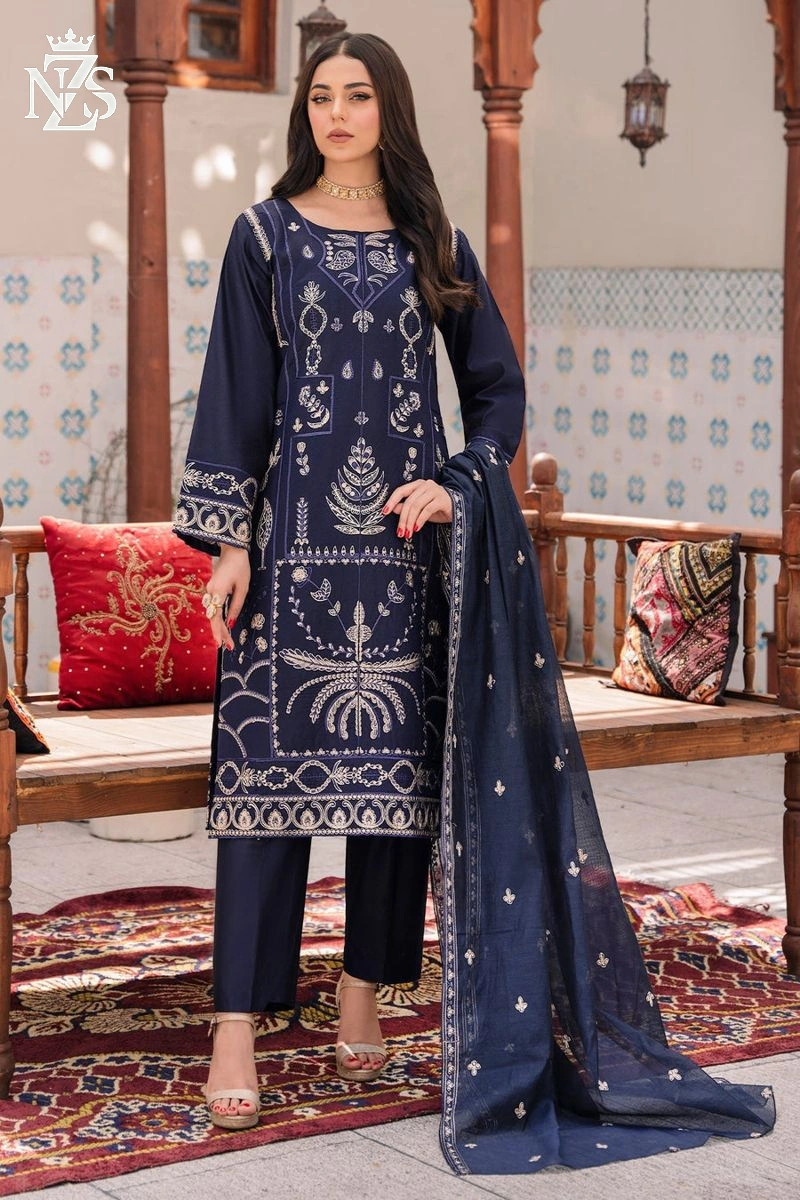 NZS LUXE Embroidered Khaddi 3-Piece Stitched Suit in Navy blue - image 1