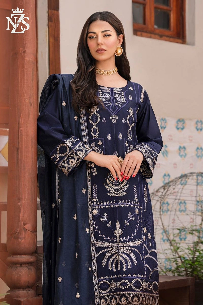 NZS LUXE Embroidered Khaddi 3-Piece Stitched Suit in Navy blue - image 2